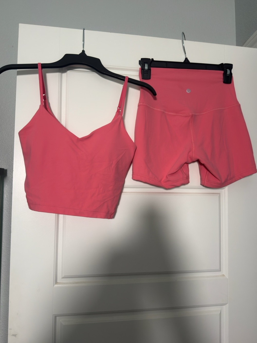 lululemon athletica Coral Pink Cropped Cami & High-Waist Bike Shorts Set
